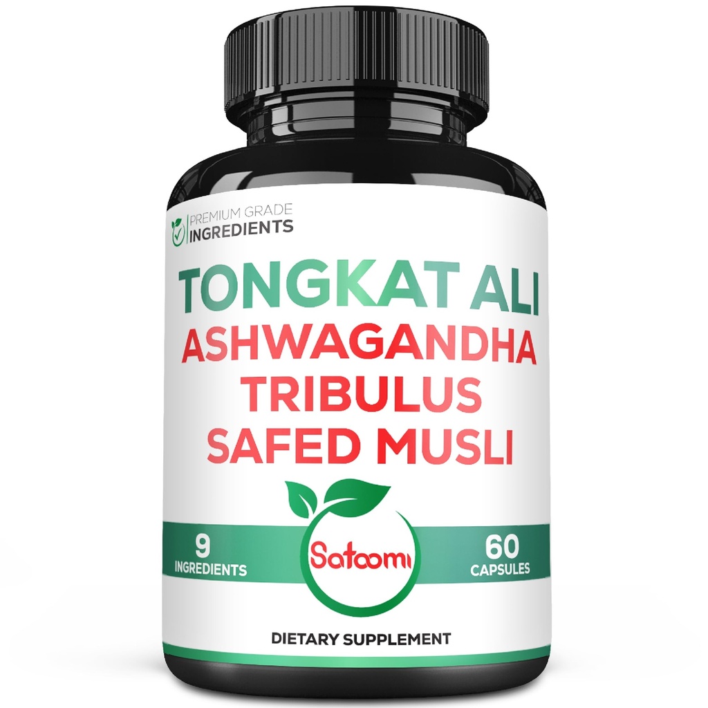 Satoomi Tongkat Ali Root Extract 200: 1-9 Esential Herbs with Ashwagandha, Tribulus Terrestris & More - Support Strength, Energy and Healthy Immune - 60 Vegan Caps 2 Month Supply