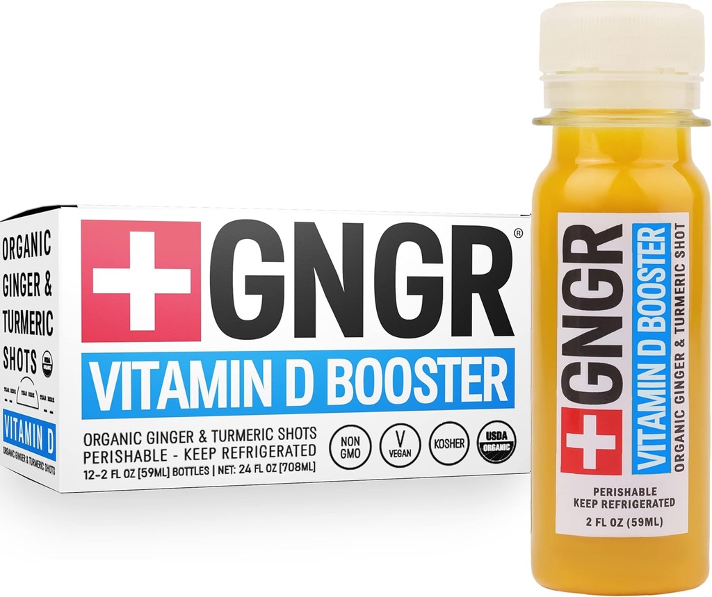 + GNGR Witamina D Booster - Tropikalny Immunitet Booster Edition Cold- Pressed Ginger Shot z ananasem, Passion Fruit, Pomarańczowy, Turmeric & Witamina D3. Nastrój, Immunitet & Energia. 2 fl oz (Opakowanie 12)