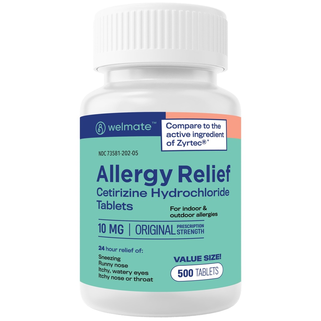 WELMATE - Ulga alergiczna (500 tabletek) Cetyryzyna Hydrochlorki 10mg - 24 godziny - Non Drowsy - Indoor & Outdoor Alergy Medicine - Antyhistamina - Nos, Oczy i Gardło - Nadmierny lek