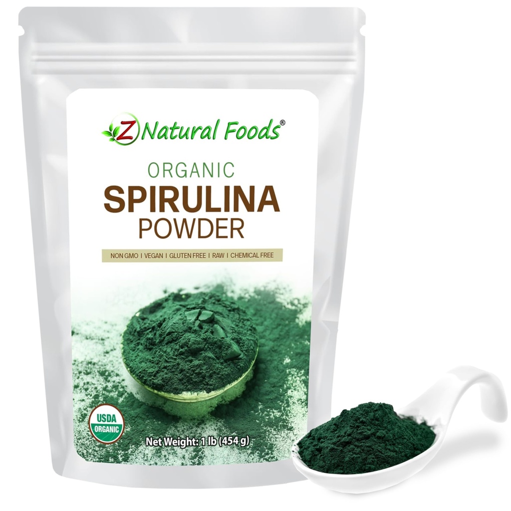 Z Natural Foods Organic Spirulina Powder - 100% Pure Spirulina, Nutricent- Dense Blue- Zielony Algae Superfood z Amino Acids, 15x Beta- Karoten - Mix in Smoothies, Jogurt, Przepisy, 1 lb