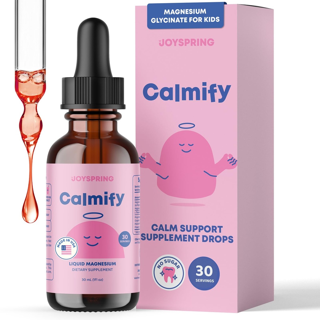 Ciekłe magnez JoySpring Calmify dla dzieci 124; Rumianek organiczny & L- Theanine Supplement Agregat 124; Bezcukrowy i Bezglutenowy 124; Wsparcie uspokajające 124; Glicynian magnezu