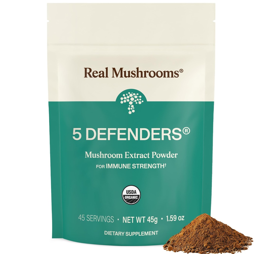 Real Mushrooms 5 Defenders Mushroom Complex - Funkcjonalny Mushrooms Extract z Chaga, Shiitake, Maitake, Reishi, Turcja Tail Mushroom Blend dla Wellness Support z Beta Glucans - 45 Sług