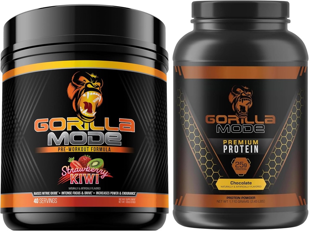 Gorilla Mind pre Workout (Truskawka Kiwi) + Premium Protein serwatkowy (Czekolada) - Kompleksowy zestaw do tankowania maksymalnych wyników