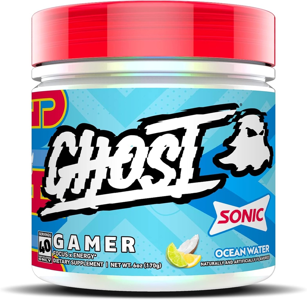 GHOST Gamer: Energy and Focus Support Formuła - 40 Służenia, Sonic Ocean Water - Nootropics & Natural Cafeline for Observation, Dokładność i Czas reakcji - Wegan, Gluten- Free