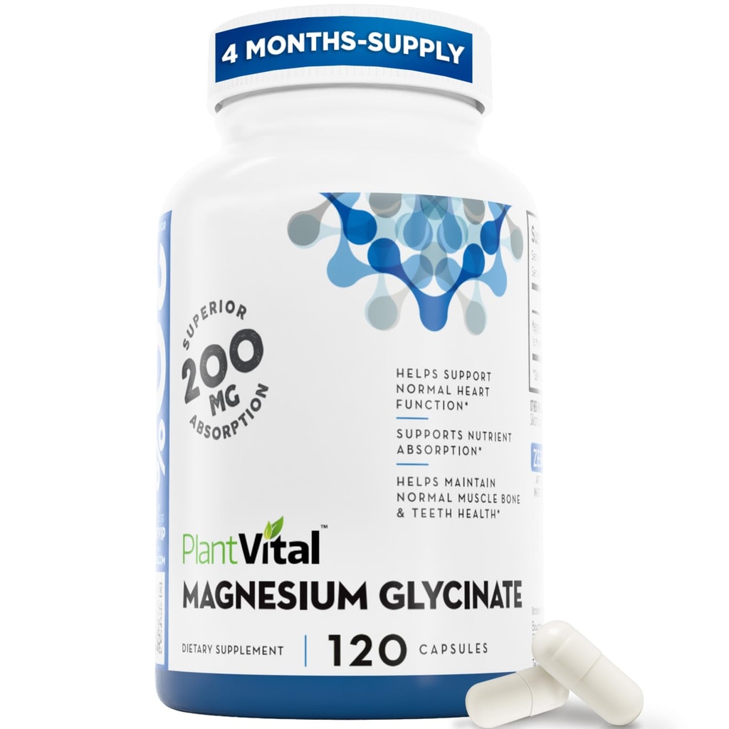 PlantVital Magnezu Glycinate 200mg 120 Kapsułki - Wysoka absorpcja, Non-GMO, Wegan, Gluten- Free - Pomaga Normalny sen, Mięśnie i Nerwy Funkcje, Normalne serce i kości Zdrowie, Pomoc Uczucie spokoju i relaksu