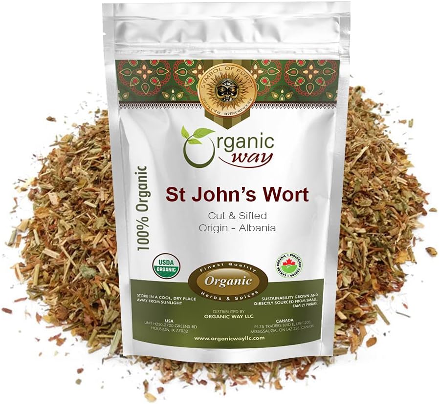 Organic Way St. John 's Wort Cut & Sifted (Hypericum perforatum) - Herbal Herbal Between 124; European Wild- Harvest Between 124; Organic, Kosher & USDA Certified Between 124; Vegan, Non GMO & Gluten Free Between 124; Pochodzenie - Albania (8 Oz)