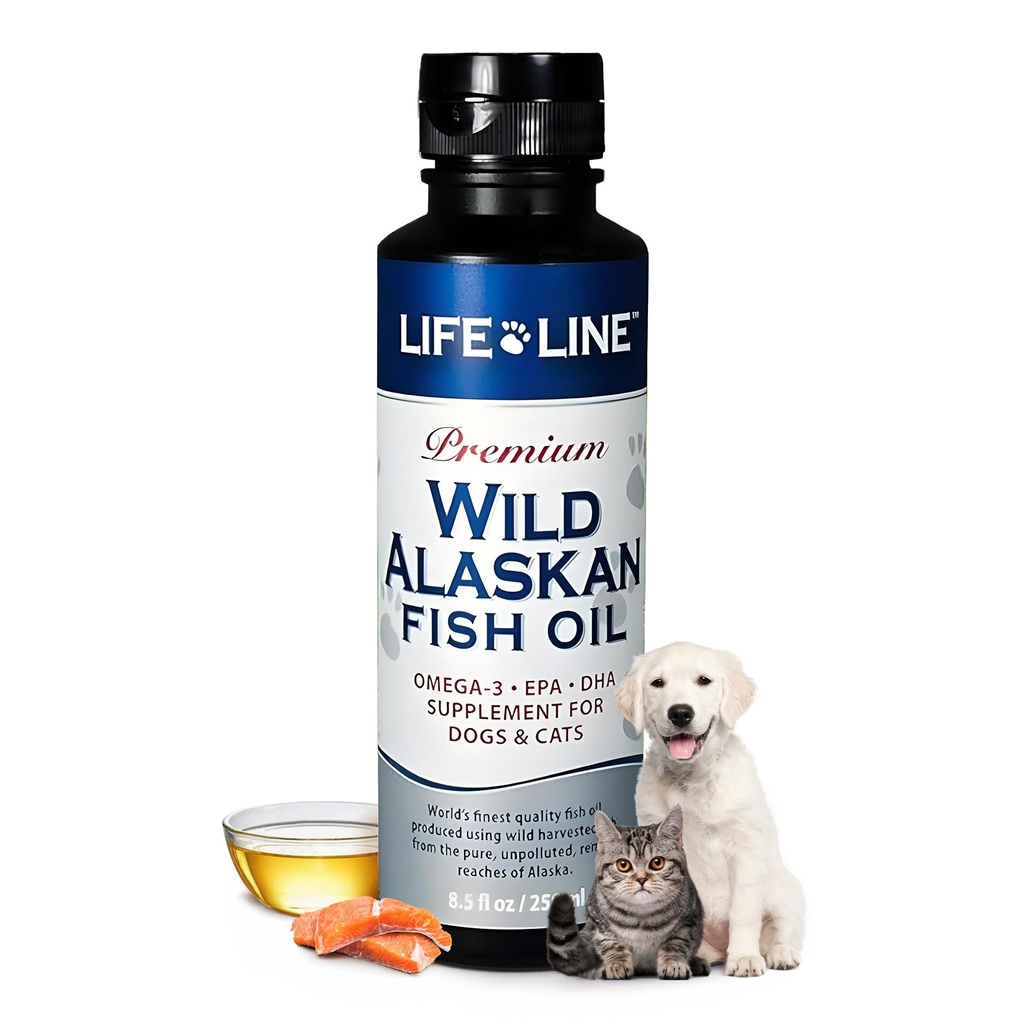 Life Line Pet Nutrition Wild Alaskan Olej rybny Omega-3 Suplement do skóry i płaszcza - Pomaga mózg, oko i serce Zdrowie u psów i kotów, 8.5oz