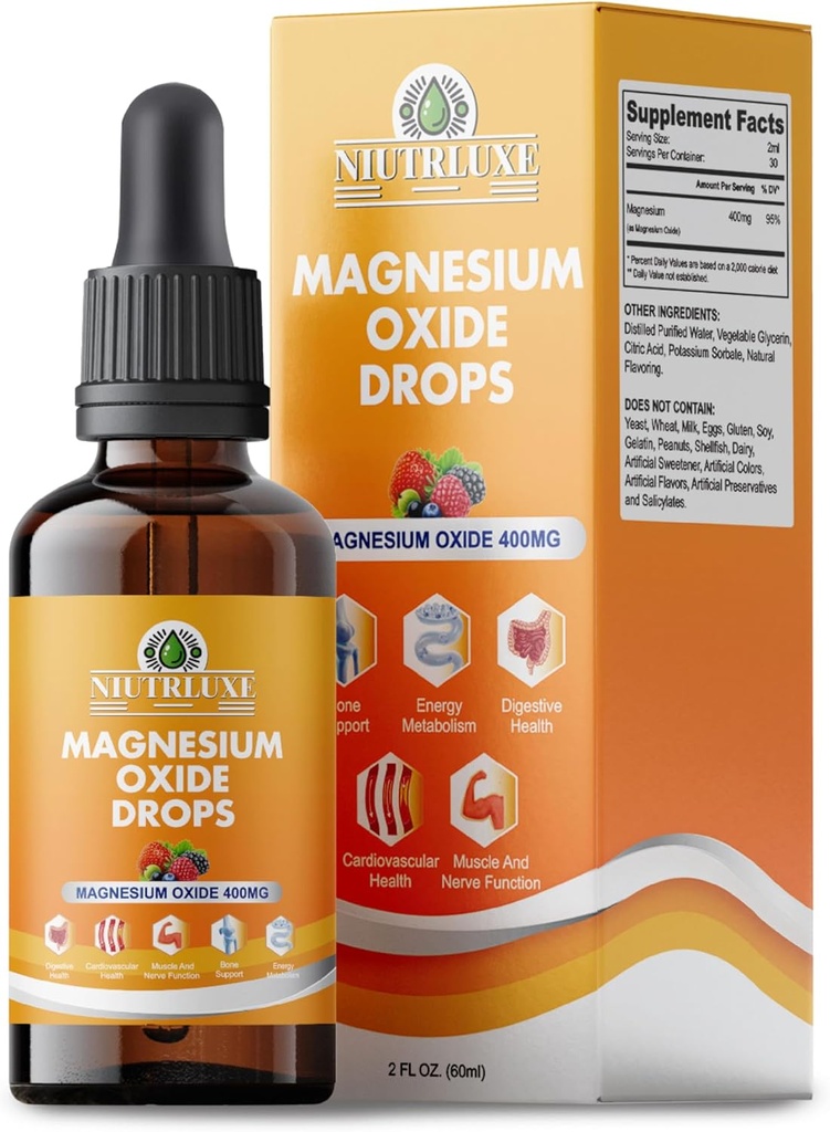 Płynny tlenek magnezu 400 mg krople - Płynny tlenek magnezu suplement do kości, mięśni i serca, Podjęzykowy tlenek magnezu, wysoki potencjał, Easy- to- Absorb, 60ml