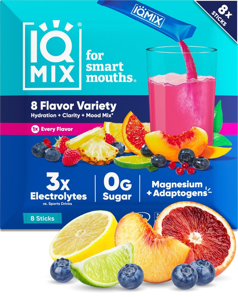 IQMIX Hydration Electrolyte Powder - 4- in-1 Formuła do Hydration, Mental Clarity, Mood & Recovery - Sugar- Free, Keto Drink Mix with Magnezu L- Threonian & Lion 's Mane - 8- Count Sampler (All Flavors)