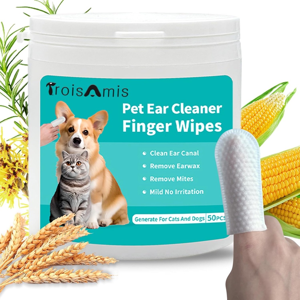 Troisamis Pet Ear Cleaning Finger Wipes for Dog and Cat, Gruby Pies Ear Cleaner Wipes with Gentle and Natural Ingredient, Usuń Wosk, Debris- Sooth & Deodorize- Relieve Ear Itch & Inflamation- 50 Count