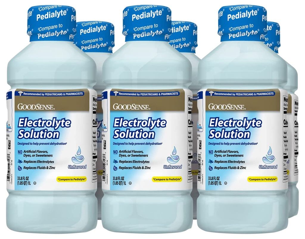 GoodSense Electrolyte roztwór doustny, Unflavored, Zaprojektowany w celu zapobiegania odwadnianiu; Zamienia elektrolity, Płyn i Cynk, 33.8 Ounces fluid (Opakowanie 6)