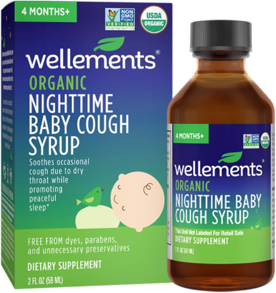 Wellements Organic Night Cough Baby Syrop 124; Soothes Ocasional Cough Z powodu suchego gardła Promowanie spokojnego snu *, USDA Organic Equipment 124; 2 Fl Oz, 4 miesiące +