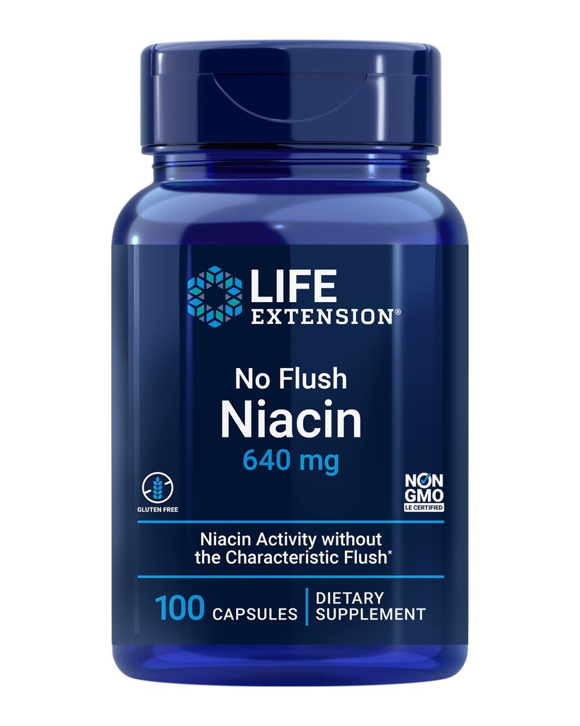 Life Extension No Flush Niacin, B3 for Heart Health, Cholesterol & Energy Support, Non-GMO, Gluten- Free, 100 kapsułki