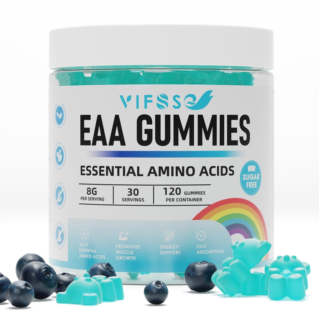 EEA Gummies 120 Gummies (Blue Malina), Esential Amino Acids - Wszystkie 9 Esential Aminos (EAA) i All Branched- Chain Aminos (BCAA), Non-GMO, Gluten Free, Wegetariański friendly