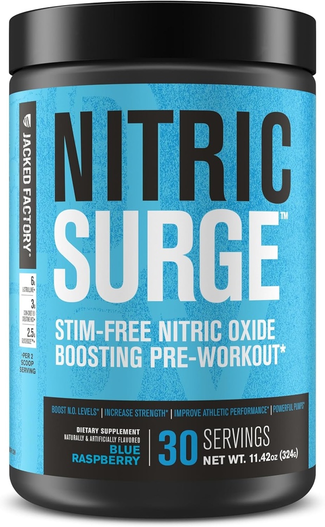 Jacked Factory Nitric Surge Stim Free Pre Workout Powder - Suplement tlenku azotu bez kawy w / Con- Cret Creaine, L Citruline, & GlycerSize Glicerol - Blue Malina, 30 Służenie