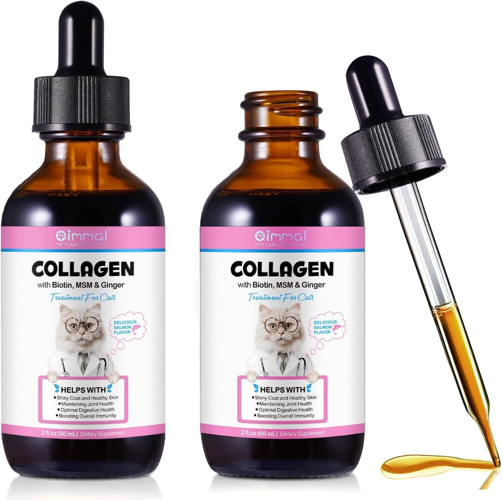 Kolagen dla kotów, Kolagen Kolagen płynne krople z Biotin, MSM & Ginger Digestive & Immunity Support, Itch Relief, Skóra & Coat i Joint Health, Suplement Cat 60ml