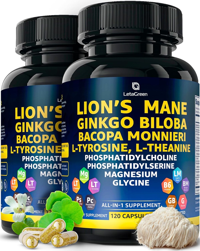 Kapsułki Organic Lions Mane Supplement - 240 Prawdziwe Mushrooms Lion 's Mane Kapsułki z Ginkgo Biloba Herb, Bacopa Monnieri, L Theanine, L Tyrosine - Mushroom Complex for Daily Wellness
