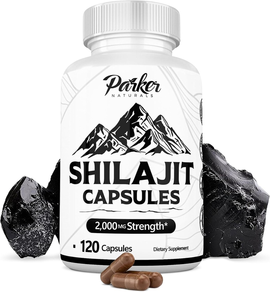 Parker Naturals Pure Himalayan Shilajit Kapsułki, 2000 mg Siła Shilajit Resin i suplement kwasu Fulvic, Kapsułki Wegańskie i Gluten- wolne, 120 Count
