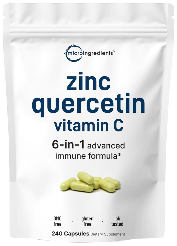 Micro Składniki Quercetin z Witaminą C i Cynk, 240 Kapsułki 124; Quercetin 500mg, Witamina C 500mg, Cynk 50mg (Pikolinian, Cytrat, Glicynian, Glukonian) 124; Kompletne suplementy wsparcia immunologicznego