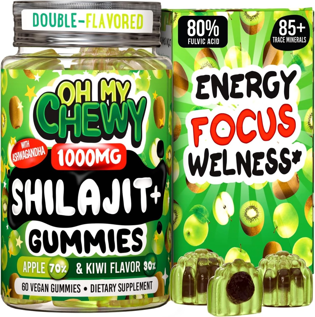 Pure Himalayan Shilajit Gummies - Wysoka potencja Gold Grade Resin - Energy Boost i wsparcie immunologiczne dla mężczyzn i kobiet z Ashwagandha i Shatavari - Apple & Kiwi
