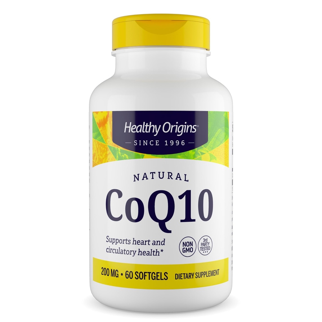 Healthy Origins ® CoQ10 200 mg - Natural Trans- Isomer Ubichinon - Yeast Fermented, Wspiera Heart Health & Cellular Energy - Non-GMO 60 Softgels