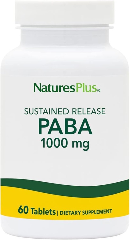 Natury Plus PABA, Trwałe uwalnianie (kwas para- aminobenzoesowy) - 1000 mg, 60 Tabletki wegetariańskie - Suplement do wsparcia zdrowia skóry, Promotes Energy Production - Gluten- Free 60 Servings