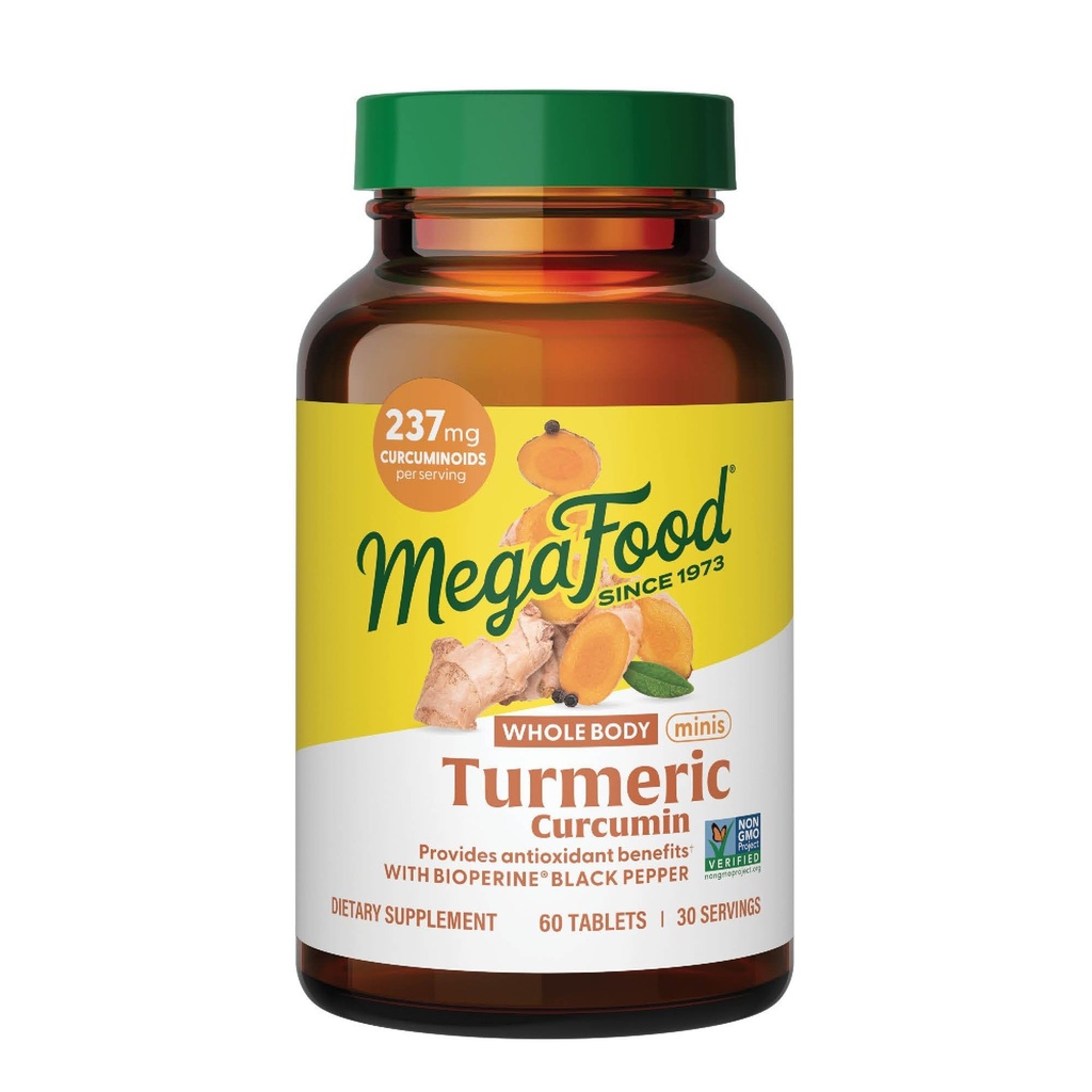 MegaFood Whole Body Minis Kurkumina Suplement - Kurkumina Suplement z czarnym pieprzem - 237 mg Kurkuminoidy na Podawanie - Przeciwutleniacz & Wsparcie immunologiczne - Wegan - 60 Mini Tabletki, 30 Służenia