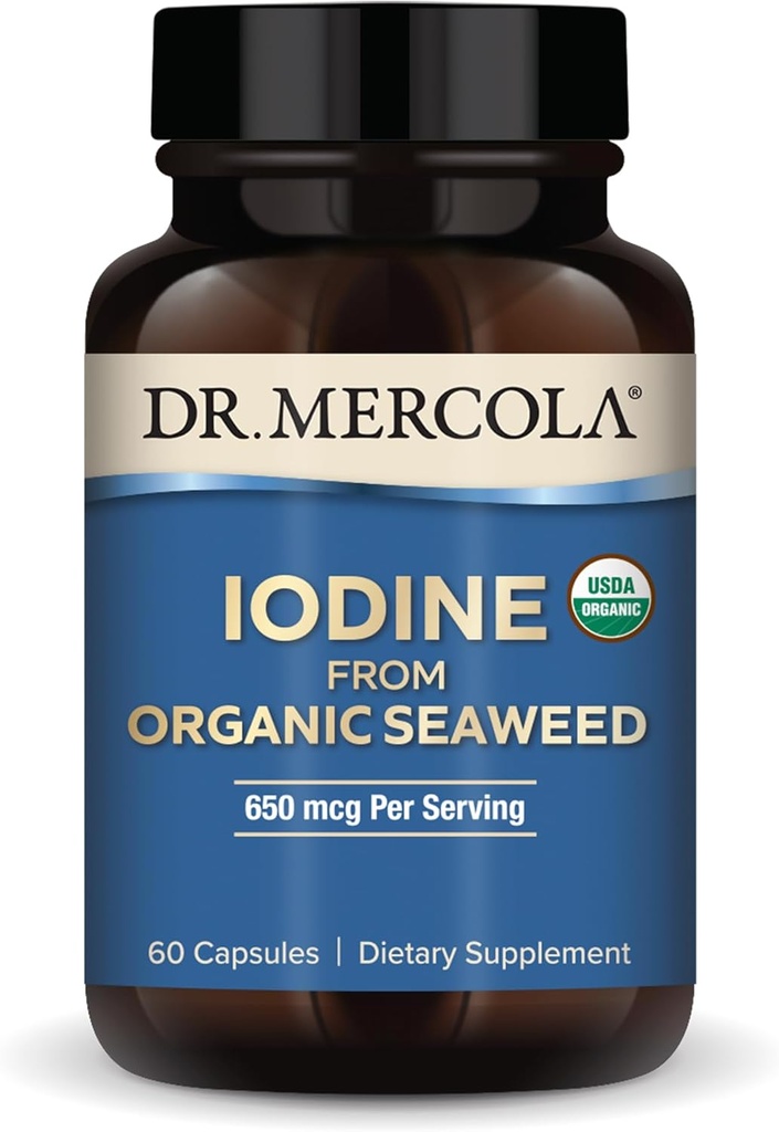 Dr Mercola jodu z organicznych wodorostów morskich, 650 µg na porcję, 30 Serwacji (60 kapsułek), Suplement diety, Tyroid i wsparcie energetyczne, Non-GMO, USDA Organic