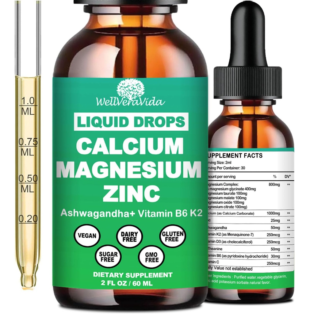 Wapń Magnezu Ciecz Cynk Krople z witaminą D3 K2, Wysokiej mocy Wapń Magnezu Suplement w / Magnezu Kompleks, Cynk, Theanine Gluten Bezpłatne dla immunologicznego, Kości, Mięśnie, Mood & Sleep Wsparcie