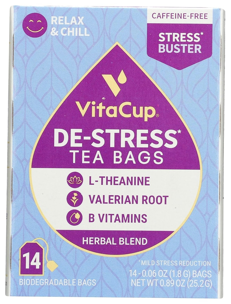 Tea Bags DeStress Herbal przez VitaCup, Relax & Chill w / rumianek, L- Theanine, Valerian Root & B Witaminy, Kofeina Free Single Serve Wellness Tea Sachet Bag, 14