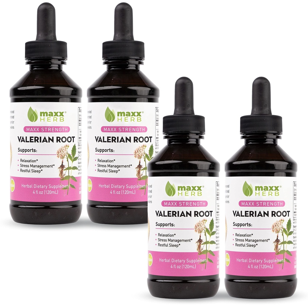 Maxx Herb Valerian Root Extract - Max Strength, Liquid Valerian Root Absorbs Better Than Capsules, for Relaxation and Restful Sleep, Alcohol- Free 4 Butelki, 4 Oz Each (240 Servings)