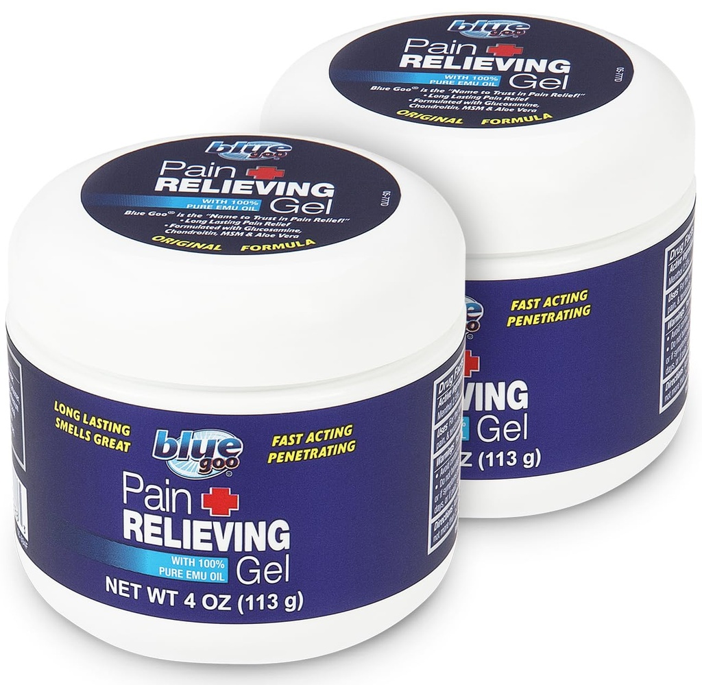 Blue Goo Pain Relieving żel - dla pleców, szyi, mięśni i stawów ból, sprawnie działające chłodzenie i kojące ulgi z 100% czystego oleju Emu, 4 oz (2 opakowania)