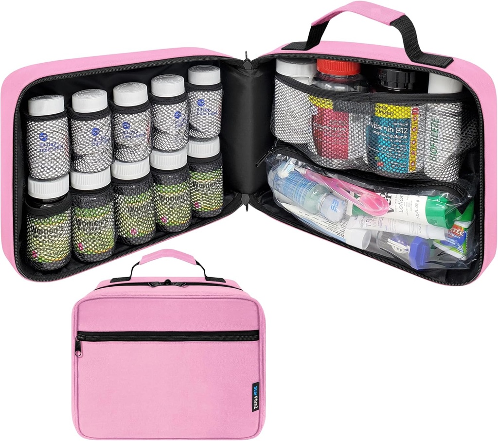 Duża wyściełana butelka butelka organizer, Medicine Bag, Case, Carrier for Medications, Witaminy i Dostawy medyczne - Travel Medicine Organizer and Home Storage Med Bag - Pink (Bez blokady)