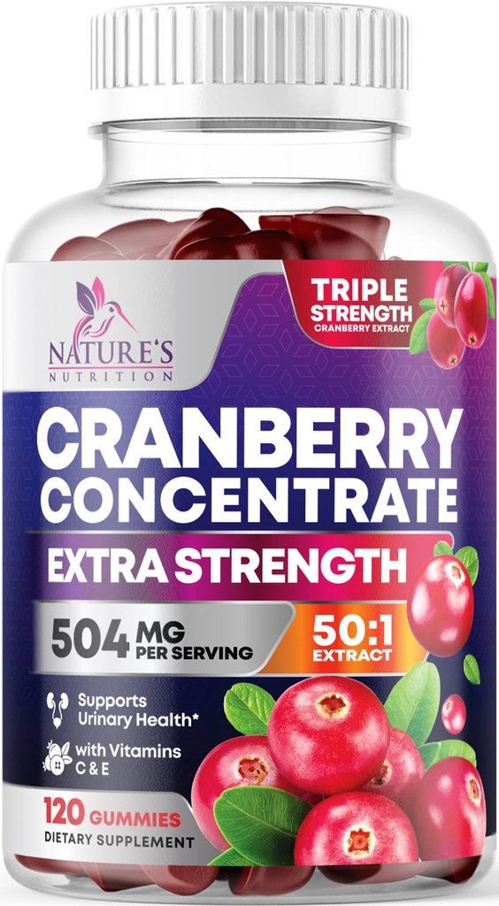 Gummy żurawinowe 50: 1 Ekstrakt żurawinowy - Sinica Tract Support Made with 25,000 mg, Pomaga Cleanse & Protect, Cran Berry Gummy Supplement + Witamina C, Pigułki do żucia Cran dla kobiet - 120 Gummies