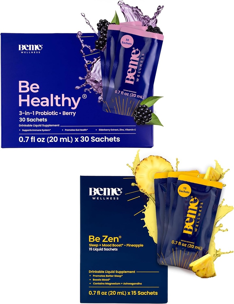 BeMe BeHealthy & BeZen Bundle - Probiotyki płynne i Glycinate magnezu L-Theanine Suplementy