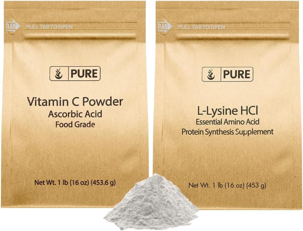 PURE ORYGINALNE WŁÓKIENNIKI L- Lysine HCI i Vitamn C w proszku, 1 lb Każdy, Nie-GMO, Bez glutenu, Suplementy dietetyczne