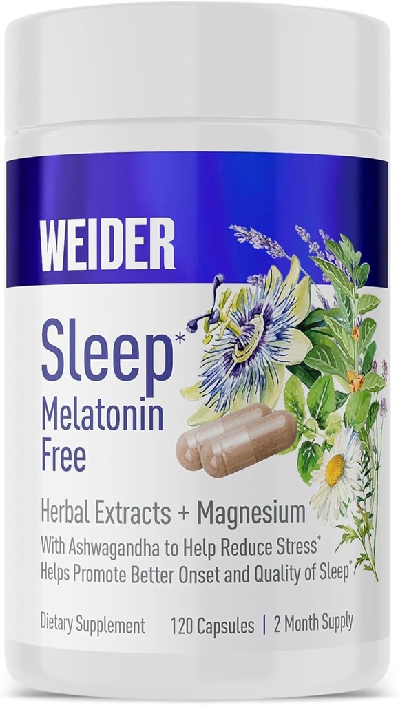 Weider Melatonin Free Sleep Aid Supplement with KSM- 66 Ashwagandha, Magnez, Lavender, Lemon Balm, Rumianek, Valerian i Passionflower Extracts, Hormon & Drug- Free, Non-Habit Forming, 120ct