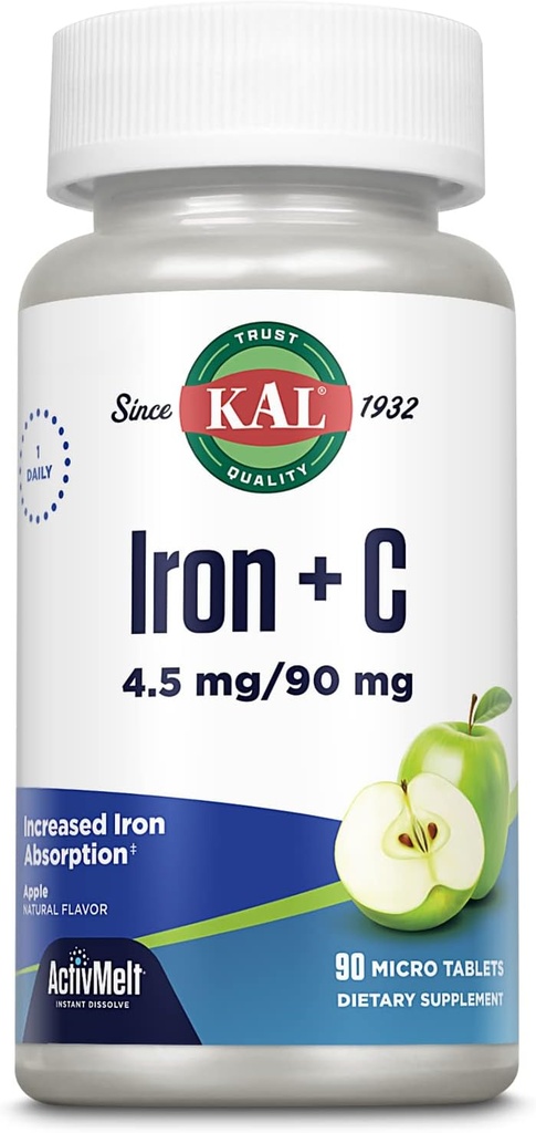 KAL Żelazo C, 90 tabletek, 4,5 mg / 90 mg, Naturalny aromat jabłkowy, Zwiększona absorpcja Iron Pills, Wsparcie immunologiczne