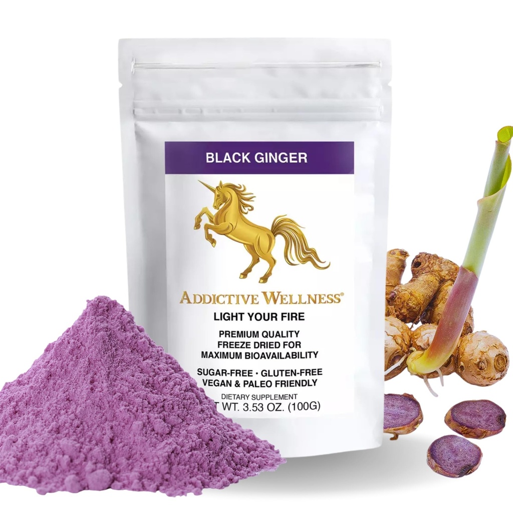 Addictive Wellness Thai Black Ginger dla mężczyzn, Thai Black Ginger Suplement do wspierania metabolizmu energii, Endurance & Performance, Freeze Suchy Czarny Ginger Proszek, 100 Grams, Wegan & Paleo