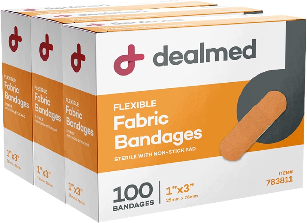 Dealmed Sterylny elastyczny opatrunek na przylepne tkaniny - 1x3 Inch - 100 / Box - 3 Pudełka - Przepuszczalny do oddychania pakiet ze striptizem - Miękka łata z rozciętymi ranami na potrzeby medyczne, awaryjne zestawy i klinika