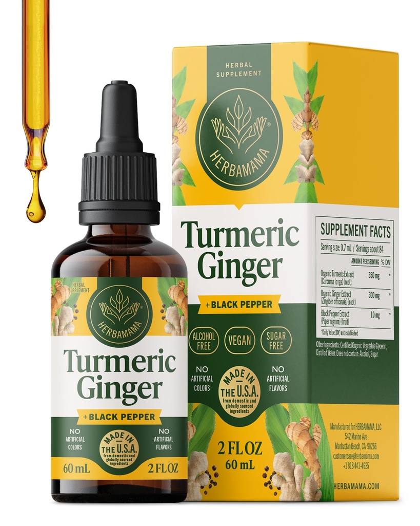 HERBAMAMA Kurkumina i suplement imbirowy - Wegański mieszanka immunologiczna z płynem Ginger Root, Turmeric & Black Pepper Extract - Non-GMO, Alkohol & Cukier-wolne krople odporności