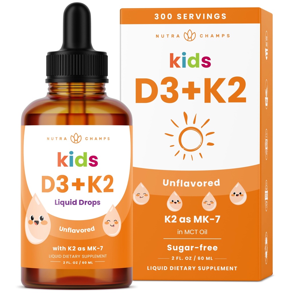 NutraChamps Kids Witamina D 3 K2 Krople, Witamina D3 i K2 MK- 7, Płynna Witamina D dla dzieci 1000 IU, Zdrowe kości, Serce i system immunologiczny, Suplement cukrowy dla Toddlers, 300 Sług