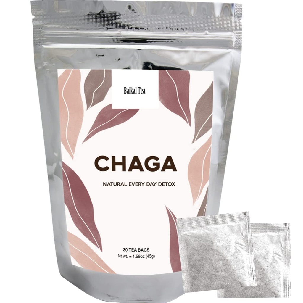 Chaga Tea - 100% Wild Syberyjski Birch Chaga Mushroom - Organic - 30 Niebieskie torby herbaty - Czysty Brak Dodatków - Naturalne Detox i wsparcie pokarmowe - Ręcznie wybrany przez Baikal Tea