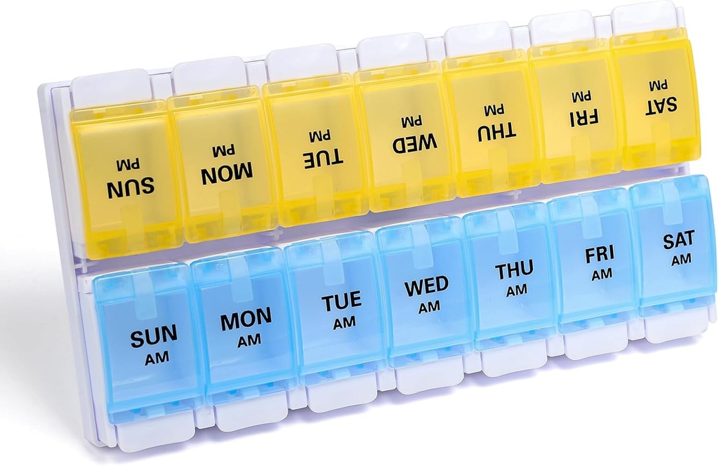 Sukuos AM PM Cotygodniowy Pill Organizator 7 dzień, 2 razy dziennie Medicine Pill Box z Easy Push Przycisk, BPA darmowe opakowania witaminy dla oleju rybnego / suplementy, Łatwy do czyszczenia (żółty i niebieski)
