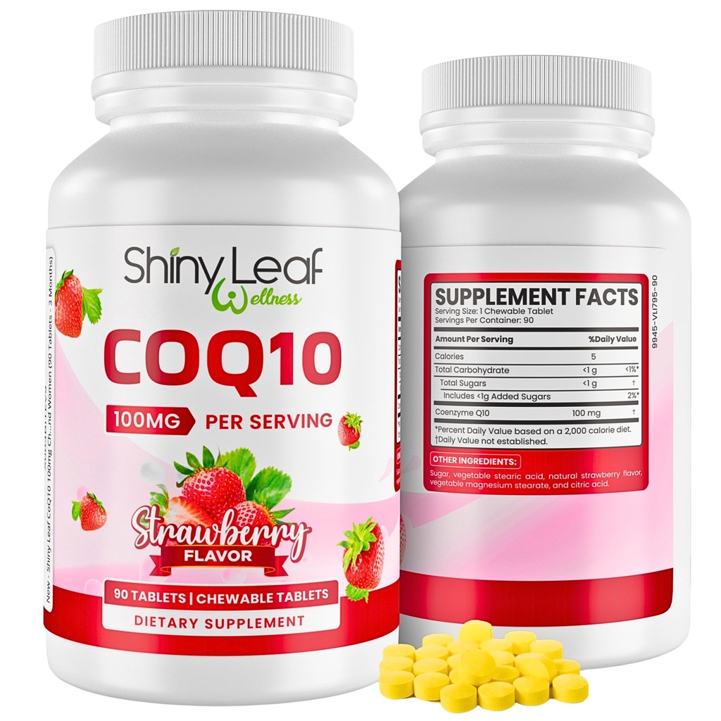 Shiny Leaf CoQ10 100mg - Suplement do rozgryzania i żucia CoQ10 - Koenzym Q10 dla Heart Health & Energy - Natural Co Q 10 Suplement do Kardiologii Wellness - 100 mg Tabletki do rozgryzania i żucia, 90 Tabletki, Made in USA