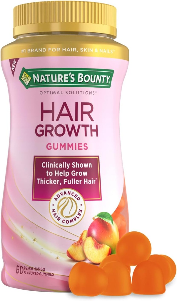 Nature 's Bounty Hair Gummies wzrostu dla wsparcia grubsze, Fuller Hair z Biotin, Krzemionka i Arginina, Peach Mango Flavor - Gluten Free, Zawiera nie Laktoza, Sód lub ryby, 60 Hrabia / 30 Służenie