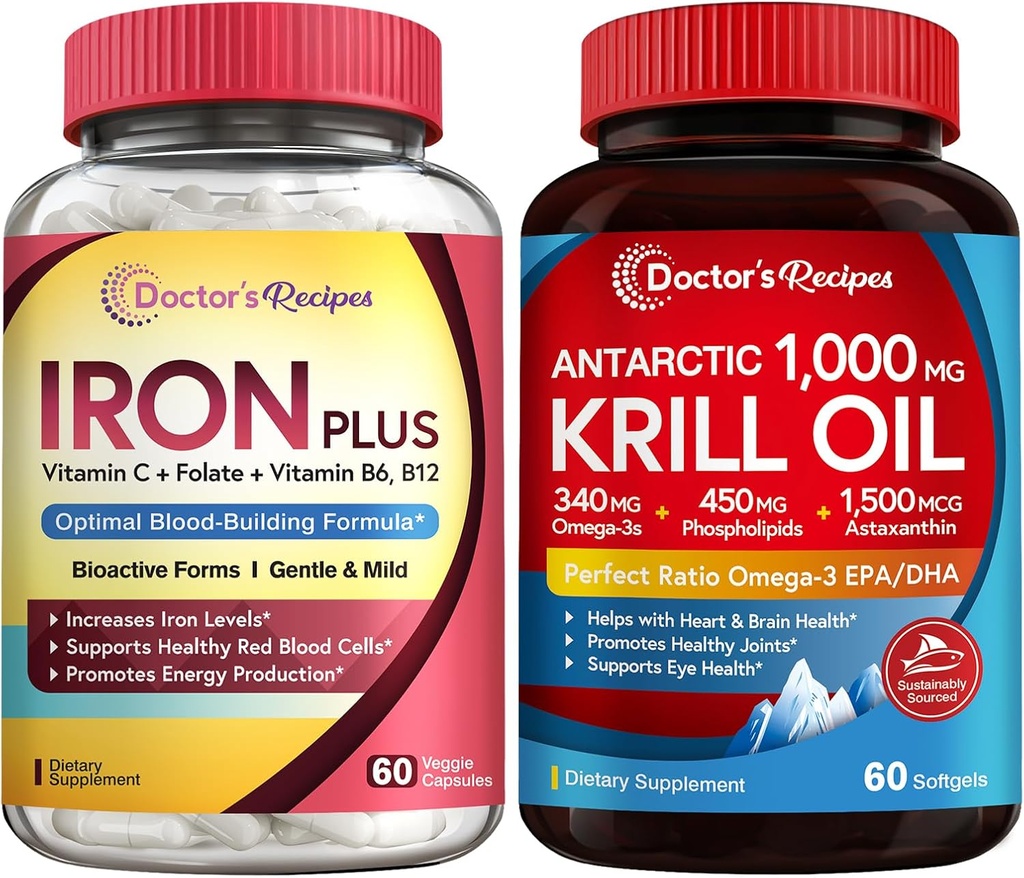 Przepisy lekarskie Bisglicinate żelaza & kryll Oil Bundle, Blood & Energy Support, Joint, Brain and Eye Health Support, No gluten, Probiotics (60 kapsułki) & Krill Oil (60 Softgels)
