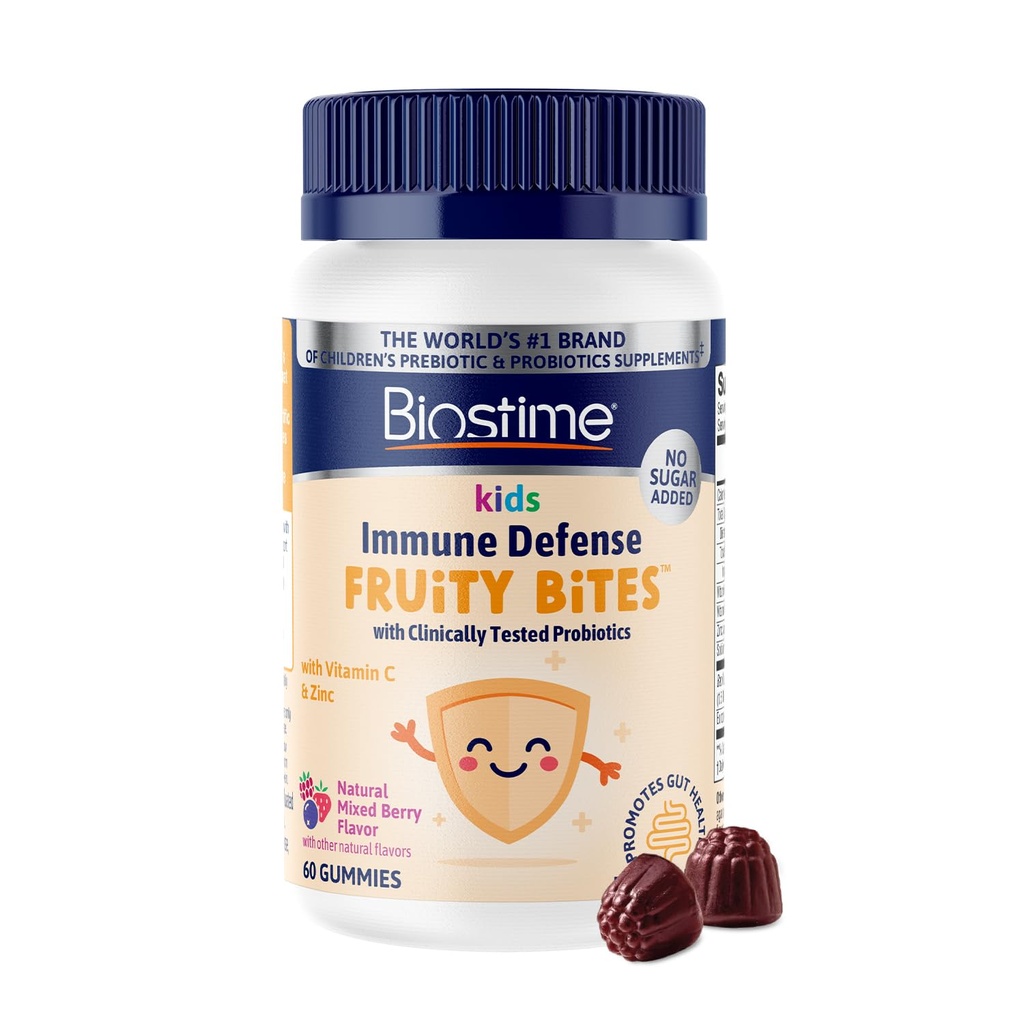 Biostime Kids immunological support gummies < 124; (Ages 4 +) < 124; Zawiera witaminy D & C + Zinc & Probiotics > 124; No Added Sugar < 124; Kids immunologic defense fruity > 124; Free from top 9 alergens < 124; 60 Count