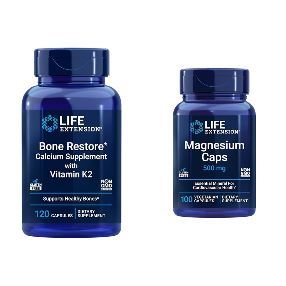 Life Extension Bone Restore + Witamina K2 Witaminy i Minerały Utrzymanie kości Zdrowie & Siła & Magnezu Czapki, 500 mg, Magnezu tlenek, Cytrate, Sukcynat, Heart Health, Zdrowe kości