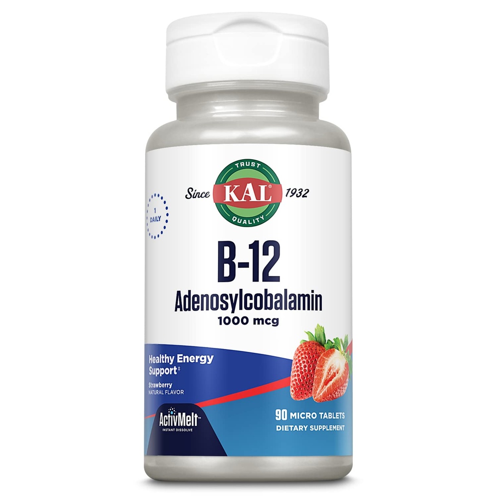 KAL Witamina B12 Adenosylkobalamina 1000 μg - B 12 Witamina, Aktywna B- 12 1000µg dla kobiet i mężczyzn, Wsparcie energetyczne - Flavor truskawkowy - 90 ActiveMelt Micro Tablets